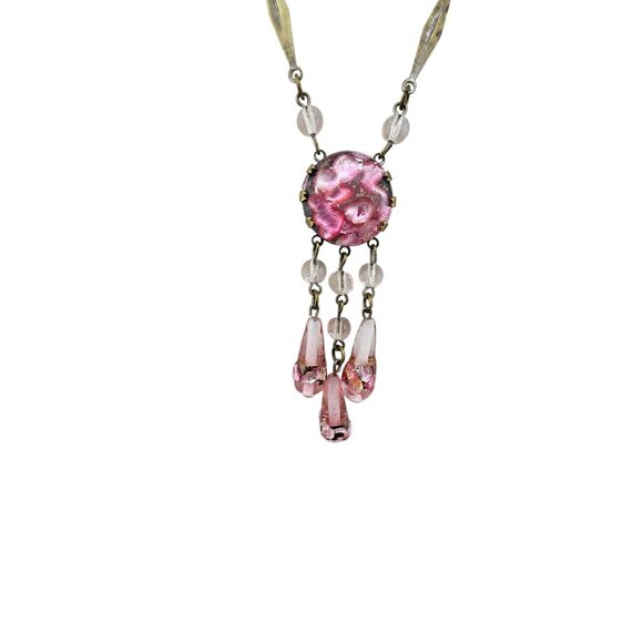 Vintage Pink Foil Glass and Brass Deco Dangle Necklace (A8138) - Picture 2 of 5